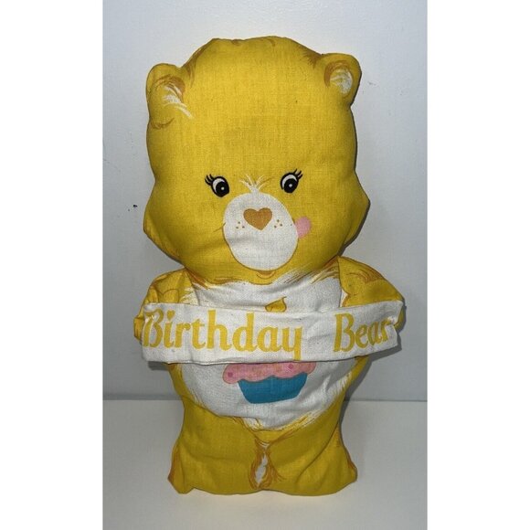 VINTAGE 80s Care Bears Pillow Birthday Bear Cut & Sew Handmade Shaped Yellow 13" - Picture 1 of 3